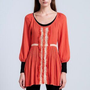 Free People Red Orange Sheer Chiffon Dress Lace Trim Ribbon Belt Womens Size 0